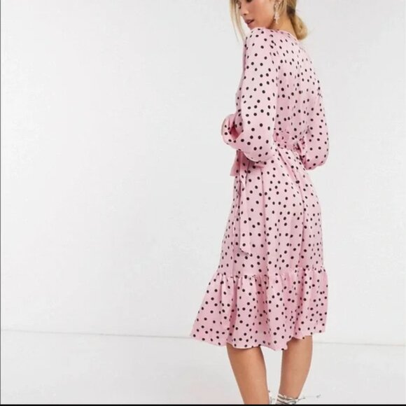 Vero Moda wrap midi dress with ruffle hem in pink polka dot - Picture 4 of 6